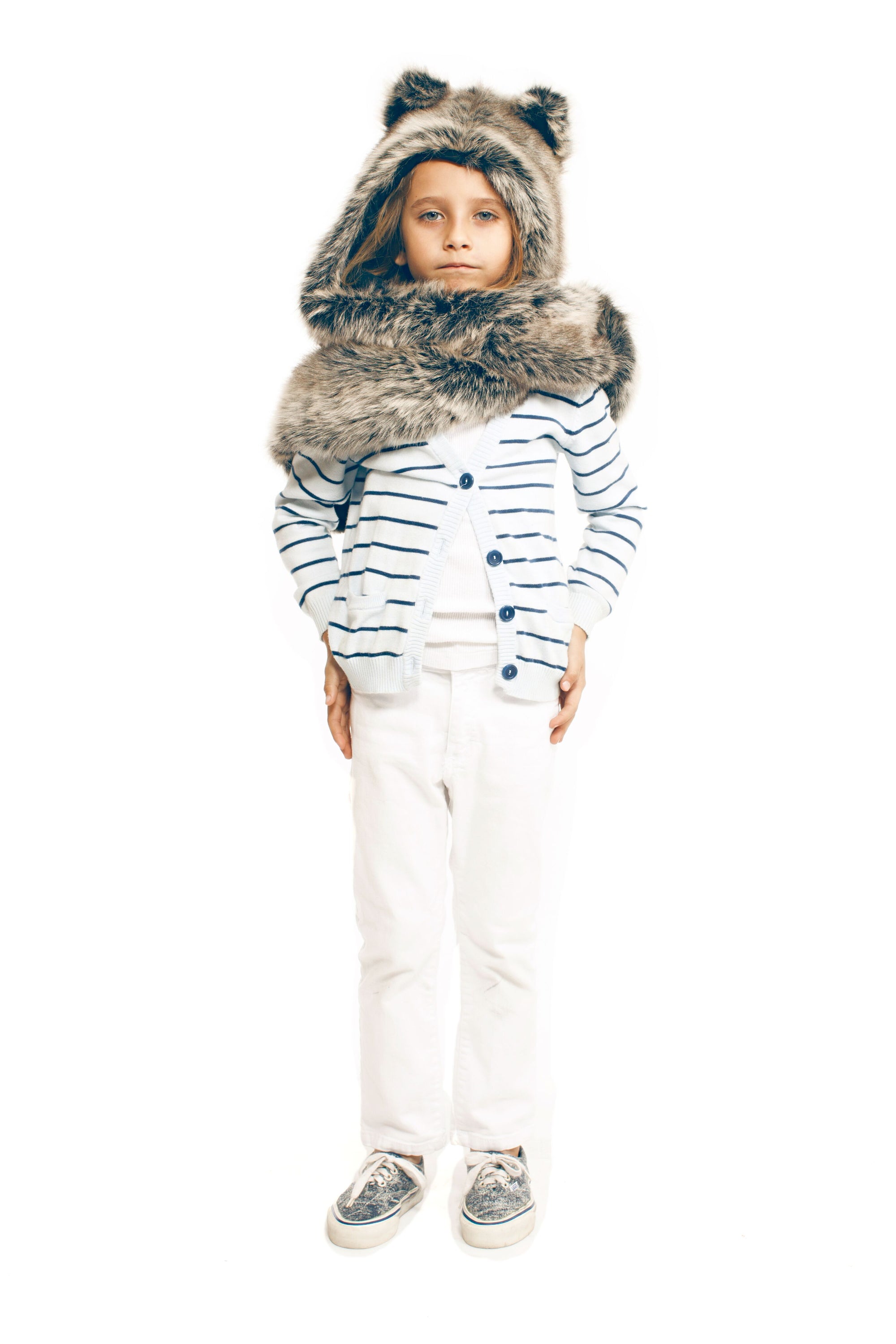Girl Wearing Grey Wolf Faux Fur SpiritHood for Kids