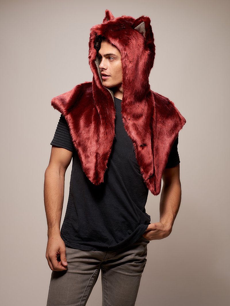 Man wearing faux fur CE Drogon Wolf Shawl SpiritHood, side view 1