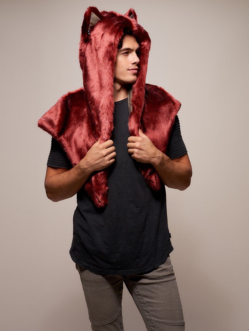 Man wearing faux fur CE Drogon Wolf Shawl SpiritHood, side view 2