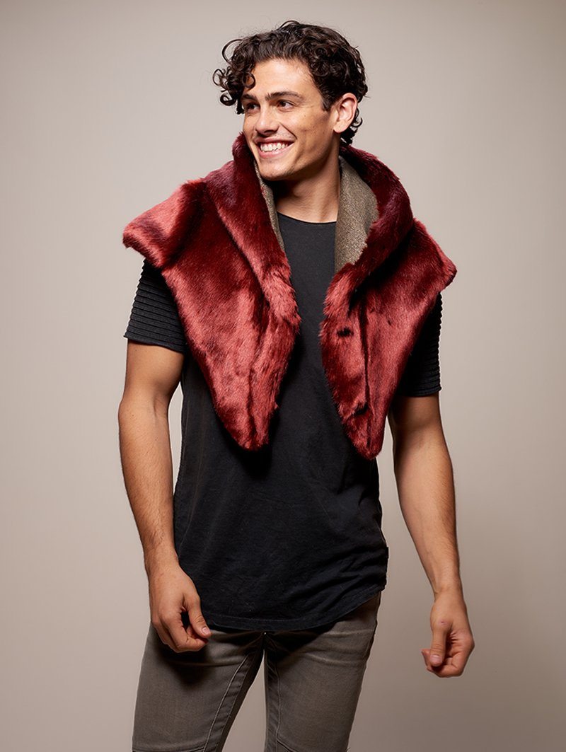 Man wearing faux fur CE Drogon Wolf Shawl SpiritHood, front view 3