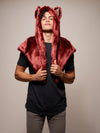 Man wearing faux fur CE Drogon Wolf Shawl SpiritHood, front view 1