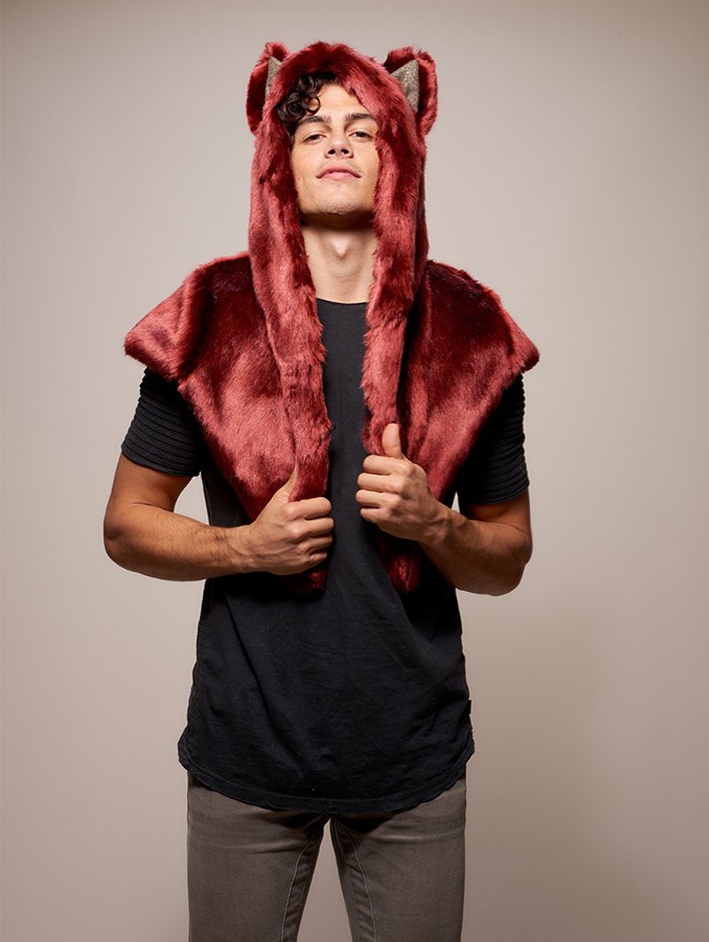 Man wearing faux fur CE Drogon Wolf Shawl SpiritHood, front view 1