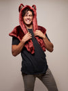 Man wearing faux fur CE Drogon Wolf Shawl SpiritHood, front view 2