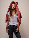 Woman wearing faux fur CE Drogon Wolf Shawl SpiritHood, front view 1