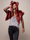 Woman wearing faux fur CE Drogon Wolf Shawl SpiritHood, front view