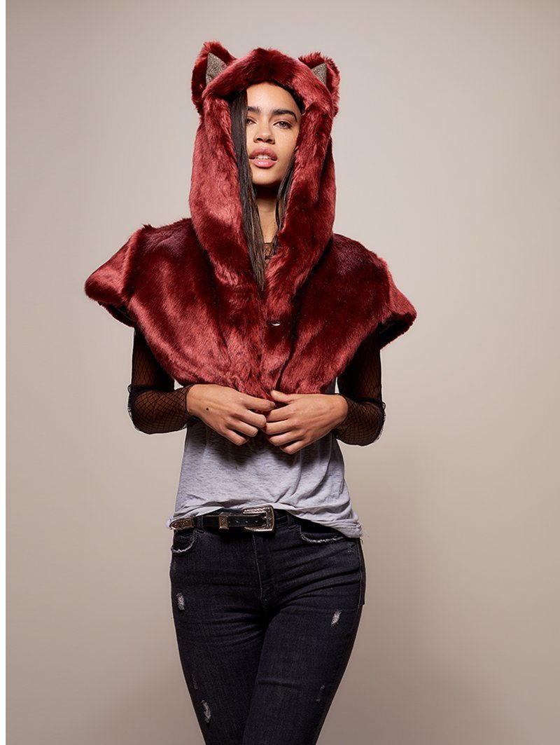 Woman wearing faux fur CE Drogon Wolf Shawl SpiritHood