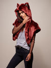 Woman wearing faux fur CE Drogon Wolf Shawl SpiritHood, side view