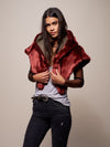 Woman wearing faux fur CE Drogon Wolf Shawl SpiritHood, front view 2