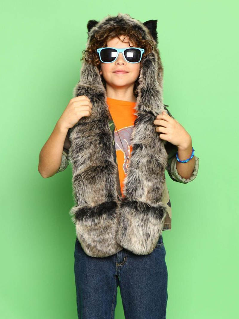 Boy Wearing Kids Grey Wolf Faux Fur SpiritHood