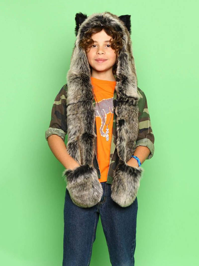 Boy Wearing SpiritHood for Kids in Grey Wolf Design