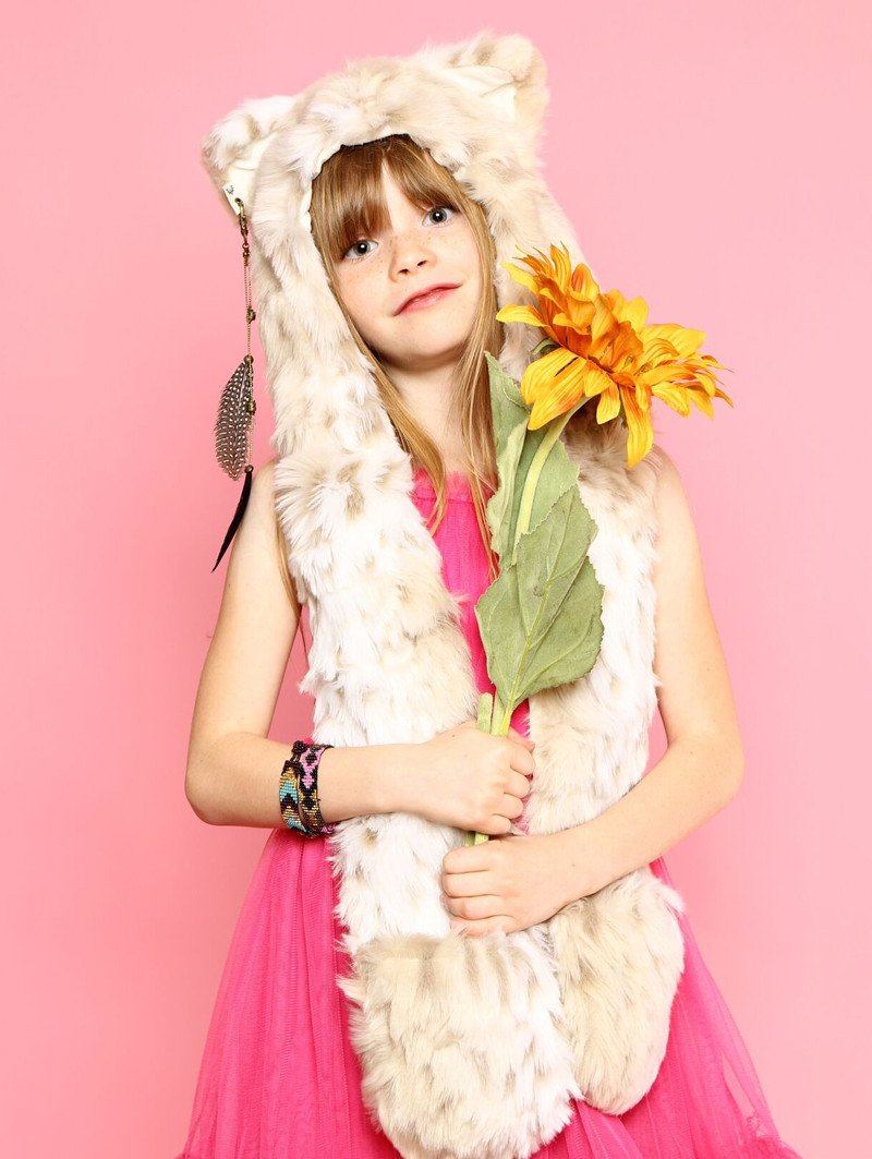 Girl Wearing Faux Fur SpiritHood in Snow Leopard Design