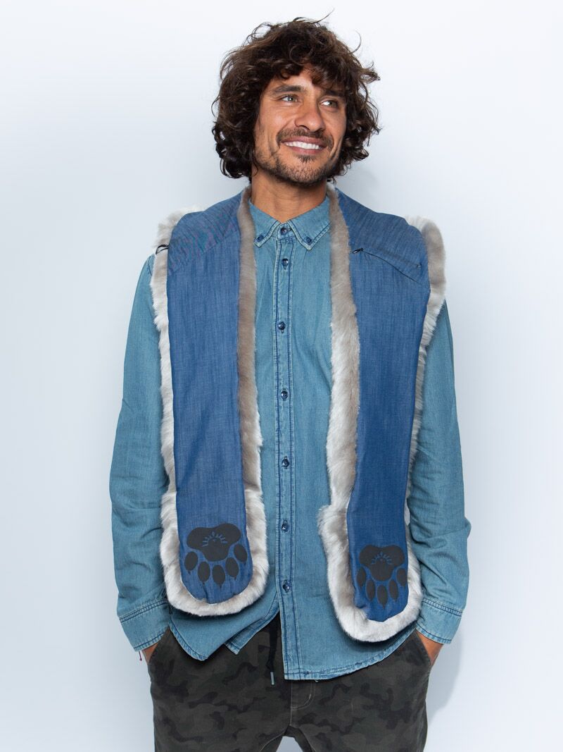 Man wearing faux fur Koala Collector Edition SpiritHood, front view