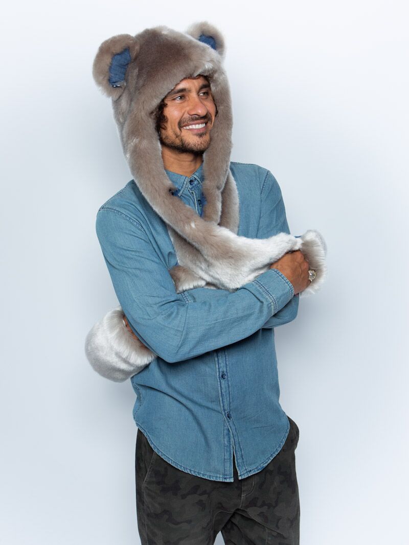 Man wearing faux fur Koala Collector Edition SpiritHood, side view 1