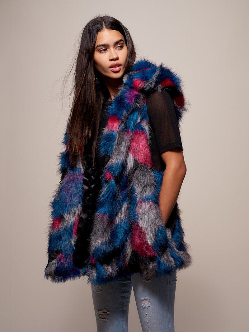 Woman wearing Lovebird Alpaca Vest, side view 1