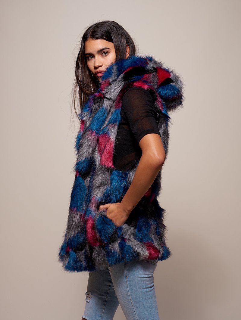 Woman wearing Lovebird Alpaca Vest, side view
