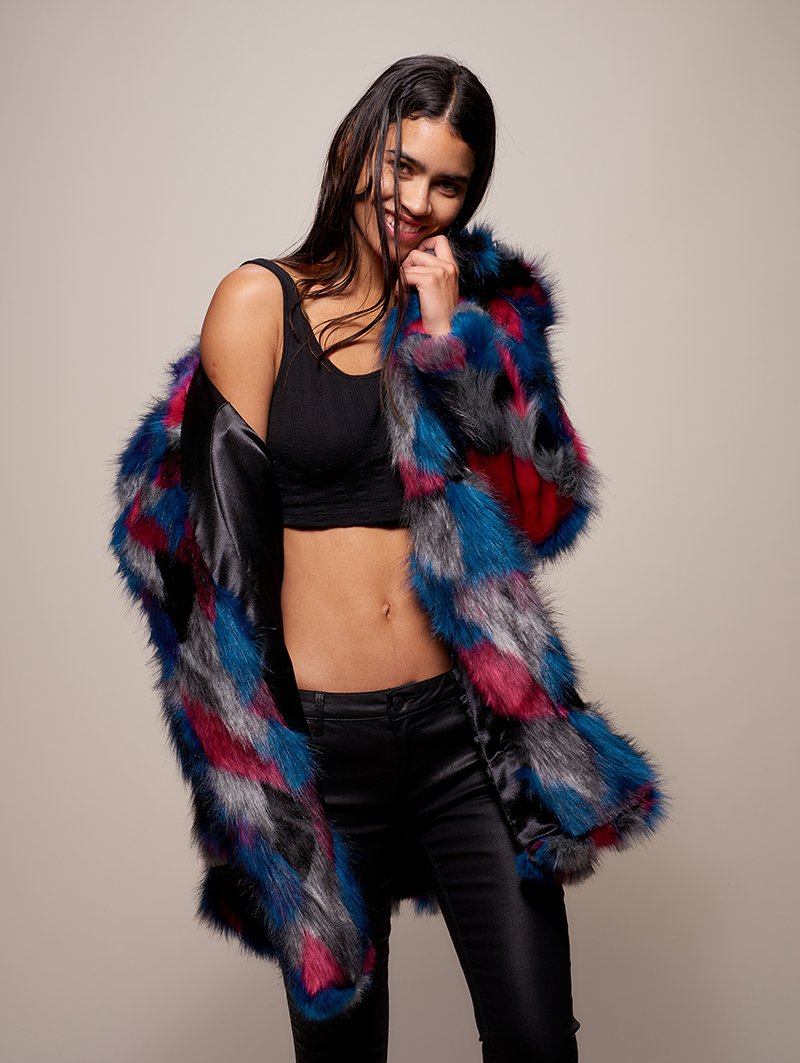 Woman Wearing Limited Edition Lovebird Faux Fur Coat 