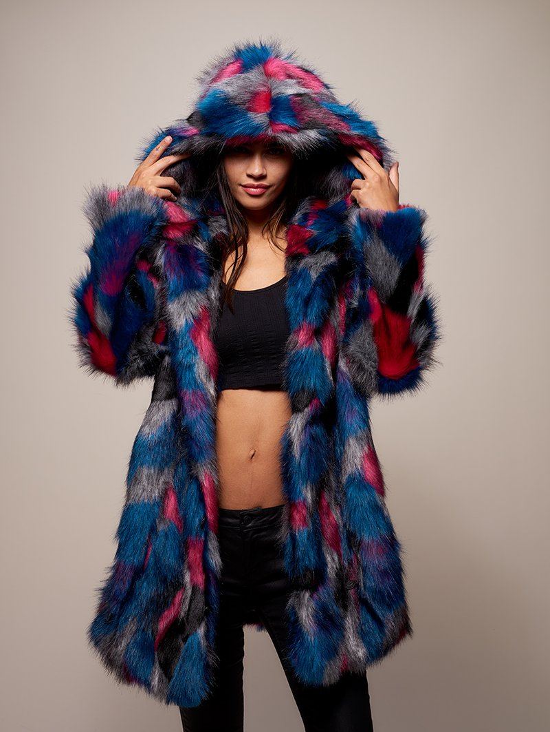 Colorful Limited Edition Lovebird Faux Fur Coat on Female