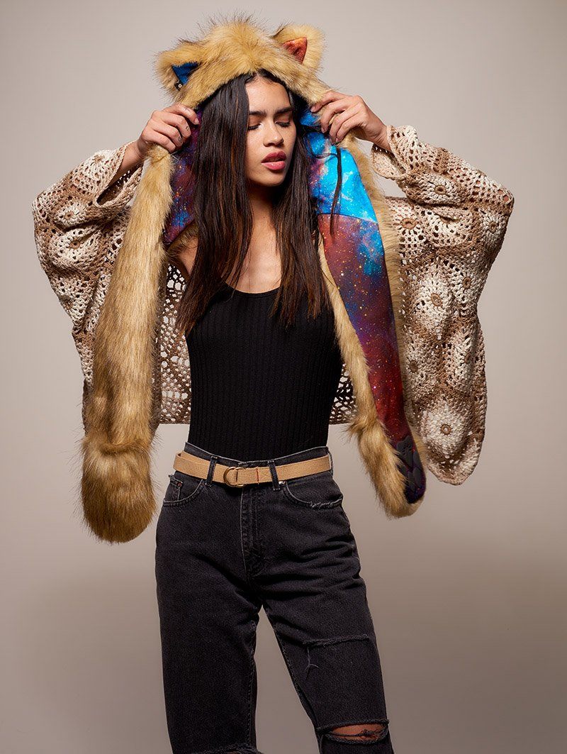 Woman wearing Galaxy Cougar CE Faux Fur SpiritHood, front view 1