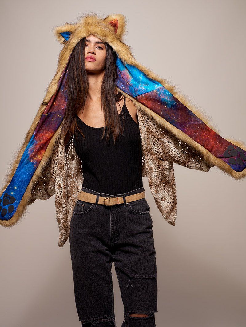 Woman wearing Galaxy Cougar CE Faux Fur SpiritHood, front view