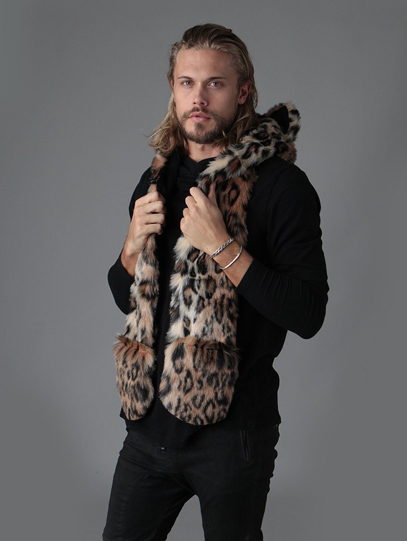 Man wearing Leopard Faux Fur SpiritHood, side view 1