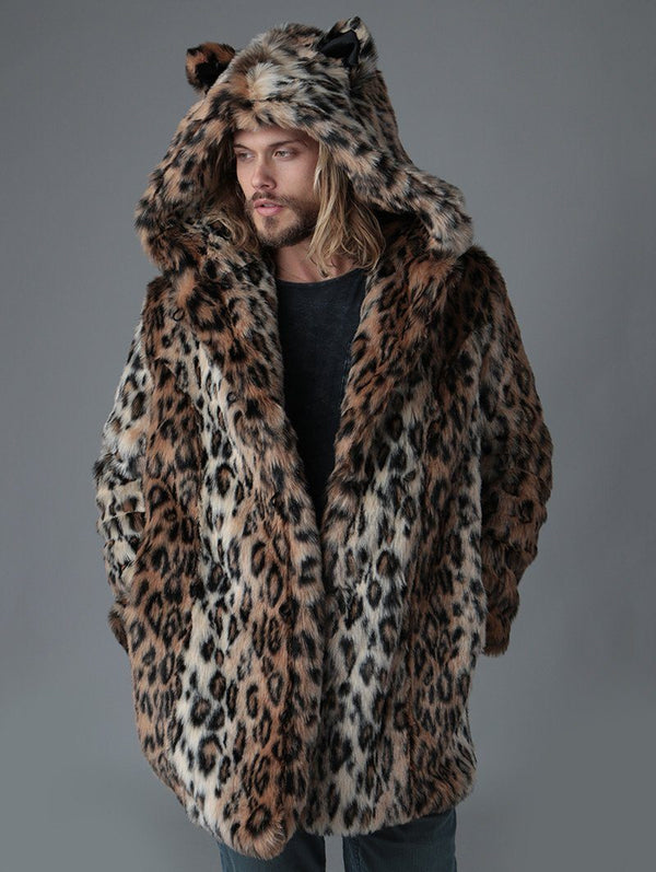 SpiritHoods Luxe Faux Fur Mens Coat With Hood Ears Classic Leopard