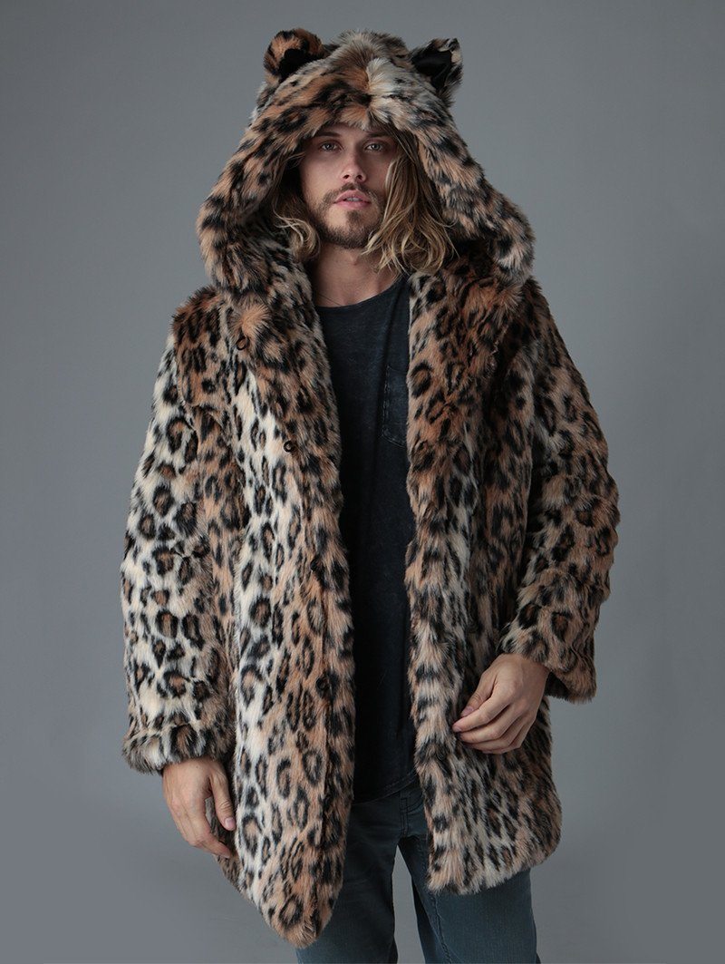 Snow Leopard Men's Long Faux Fur Coat | SpiritHoods S / ivory/beige/brown/white