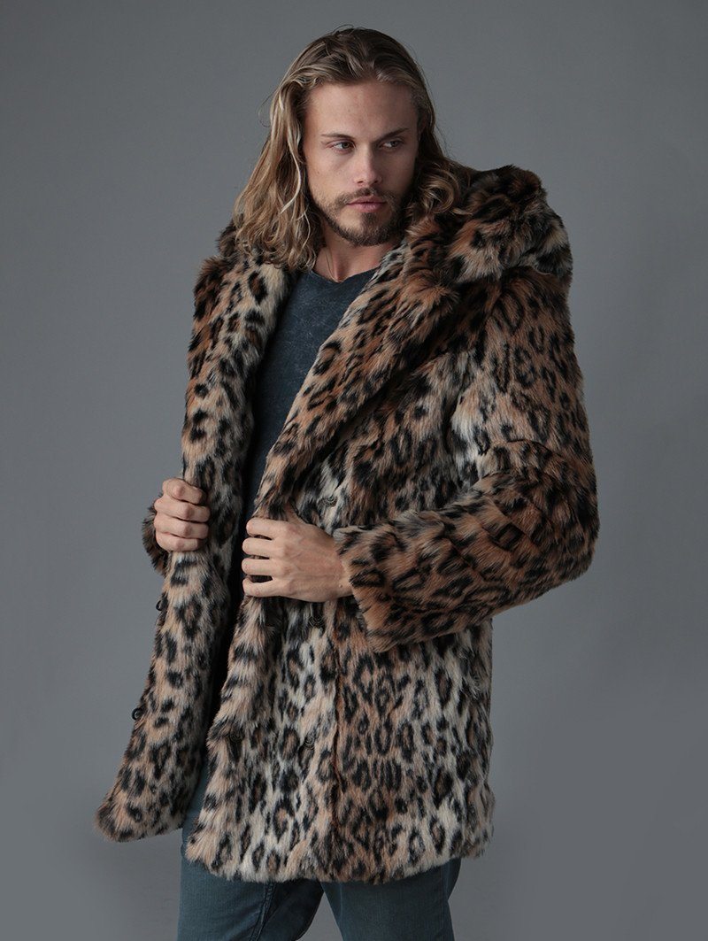 Man wearing Classic Leopard Faux Fur Coat, side view 1