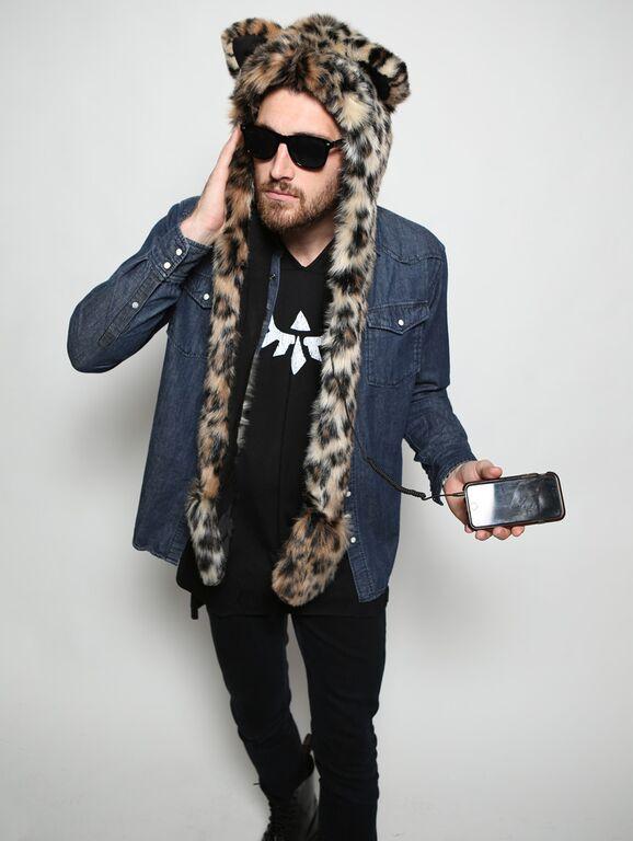 Man wearing faux fur Leopard HB3 SpiritHood