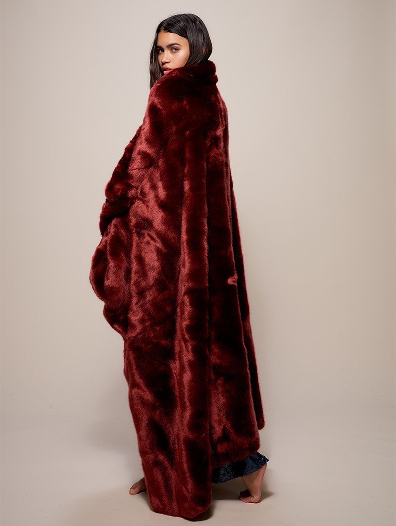 Woman wearing faux fur Luxury Garnet Throw, front view 3