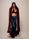 Woman wearing faux fur Luxury Garnet Throw, front view 2