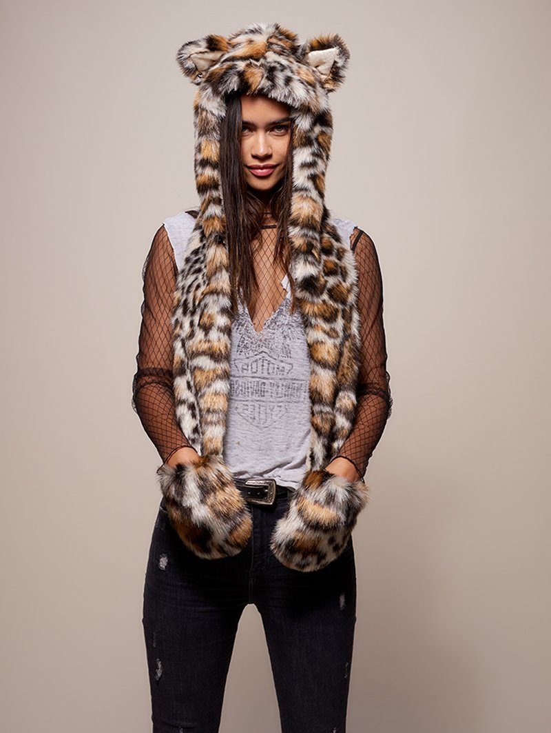 Woman wearing faux fur Clouded Leopard Collector Edition SpiritHood, front view 2