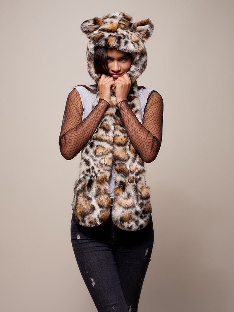 Woman wearing faux fur Clouded Leopard Collector Edition SpiritHood
