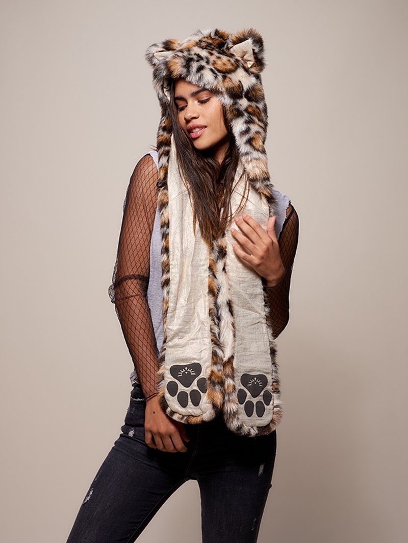 Woman wearing faux fur Clouded Leopard Collector Edition SpiritHood, front view 1