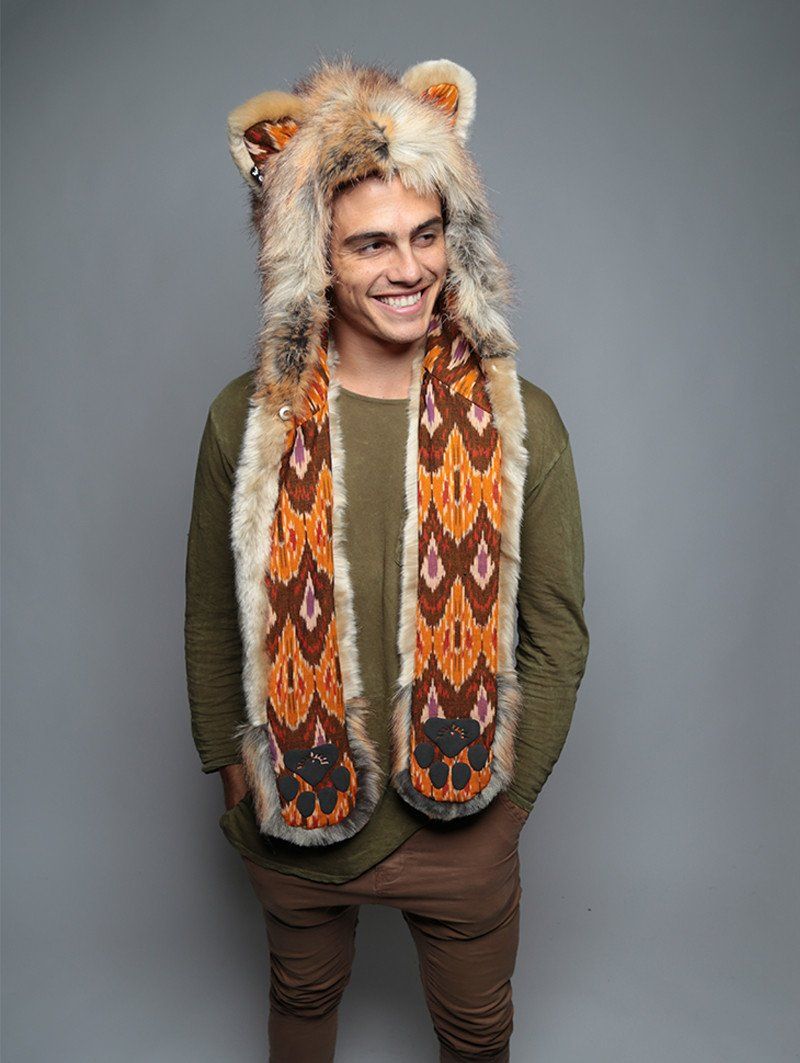 Man wearing faux fur Cecil The Lion 2.0 Collectors Edition SpiritHood, front view 1