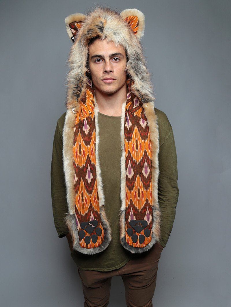 Man wearing faux fur Cecil The Lion 2.0 Collectors Edition SpiritHood, front view 4