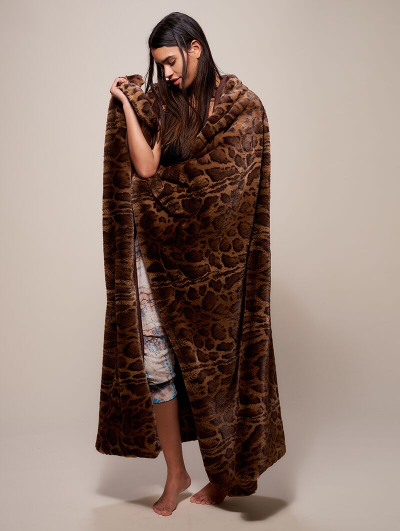 Luxury Faux Fur Leopard Throw Blanket Wrapped Around Woman