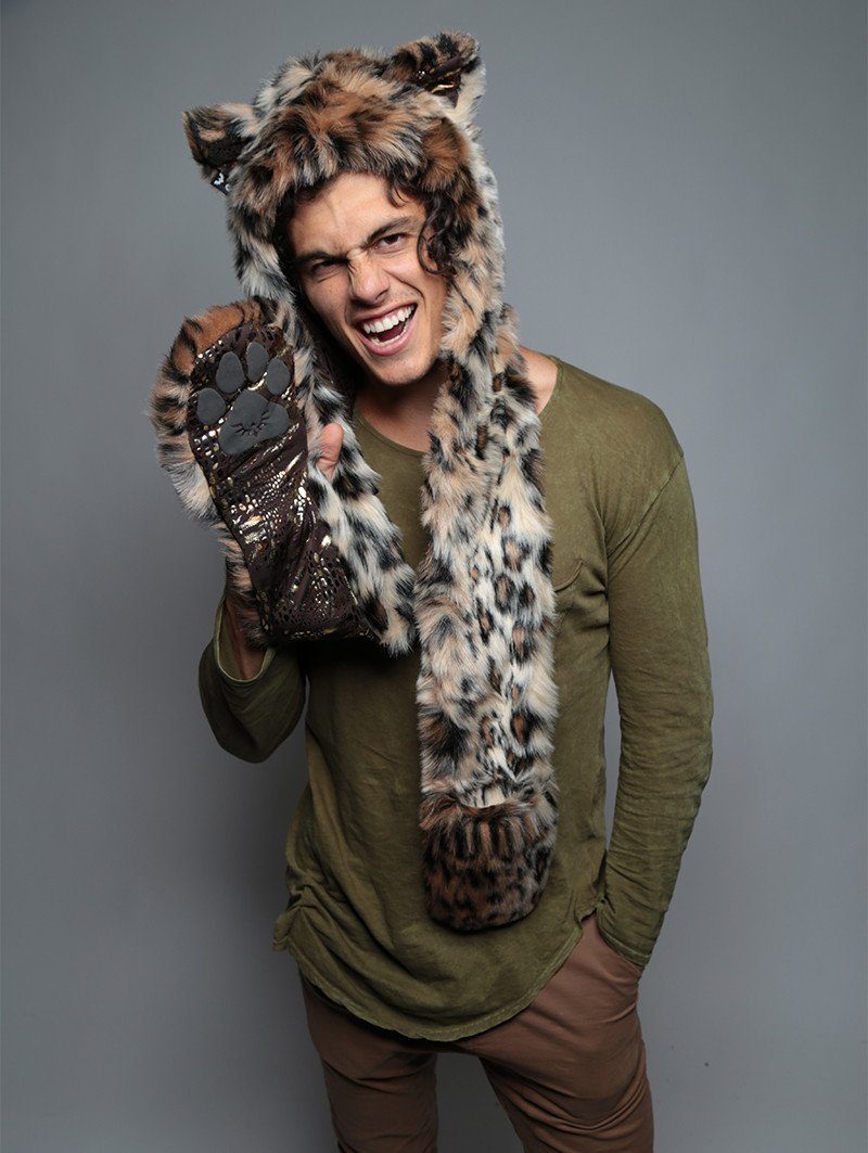 Man wearing faux fur Leopard Snakeskin SpiritHood, front view