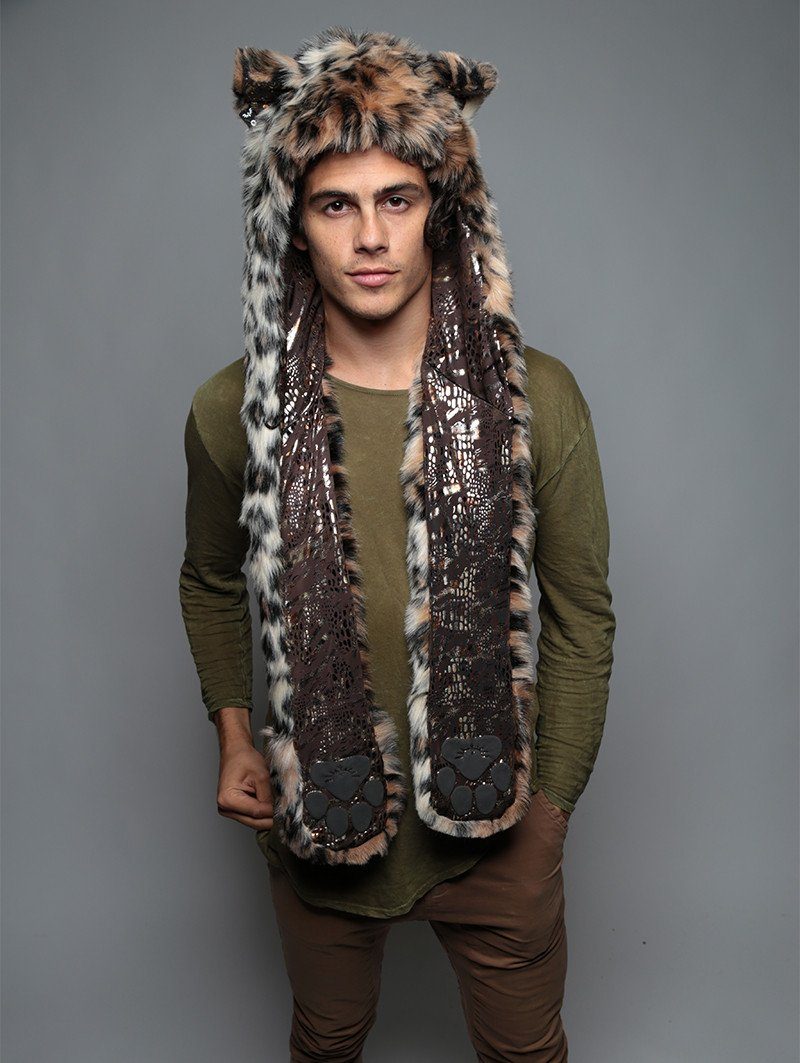 Man wearing faux fur Leopard Snakeskin SpiritHood