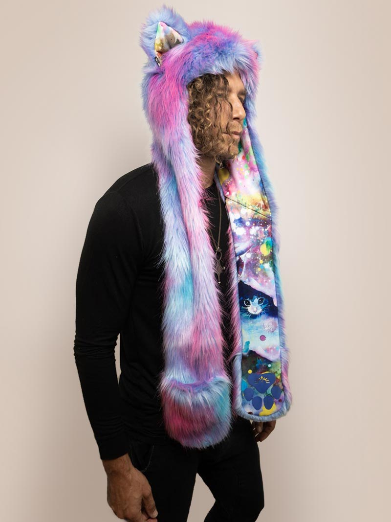 Man wearing faux fur Lora Zombie Cotton Candy Kitten SpiritHood, side view 1