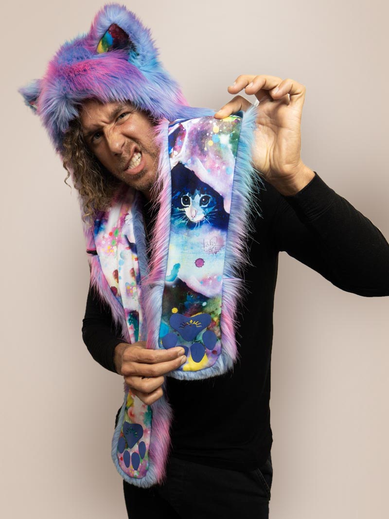 Faux Fur SpiritHood in the Lora Zombie Cotton Candy Kitten Design on Male Model