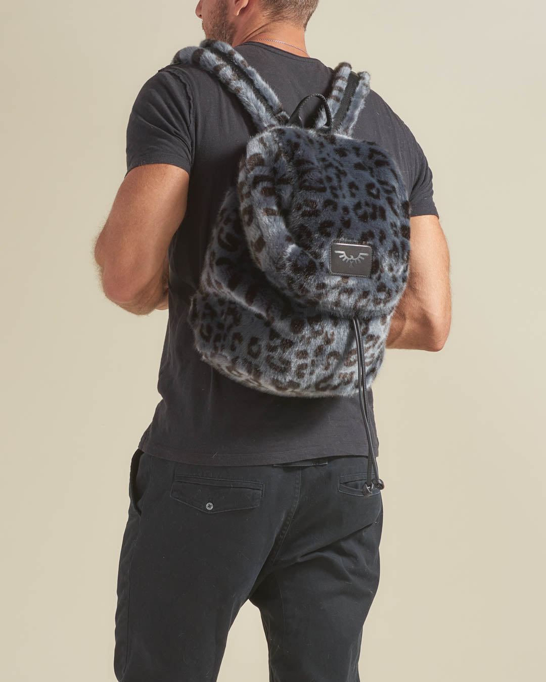 Man Wearing Slate Grey Leopard Faux Fur Backpack