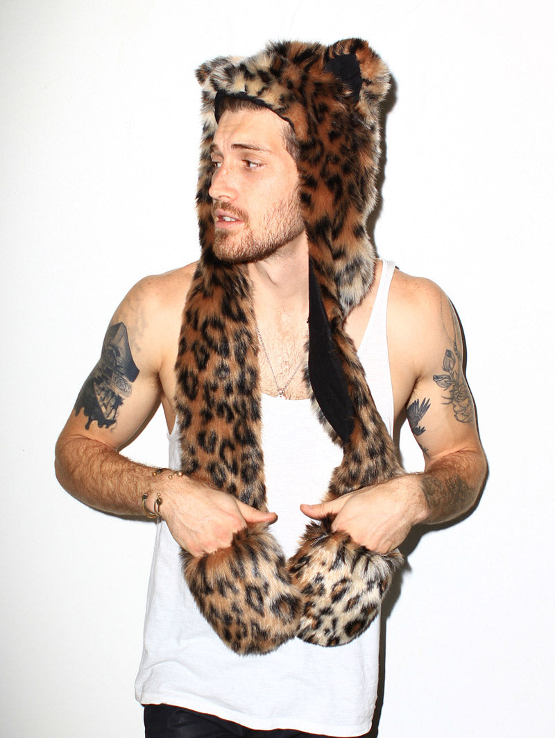 Man wearing Leopard Faux Fur SpiritHood, front view 2