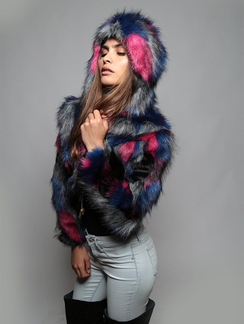 Hooded Faux Fur Crop Jacket with Lovebird Design