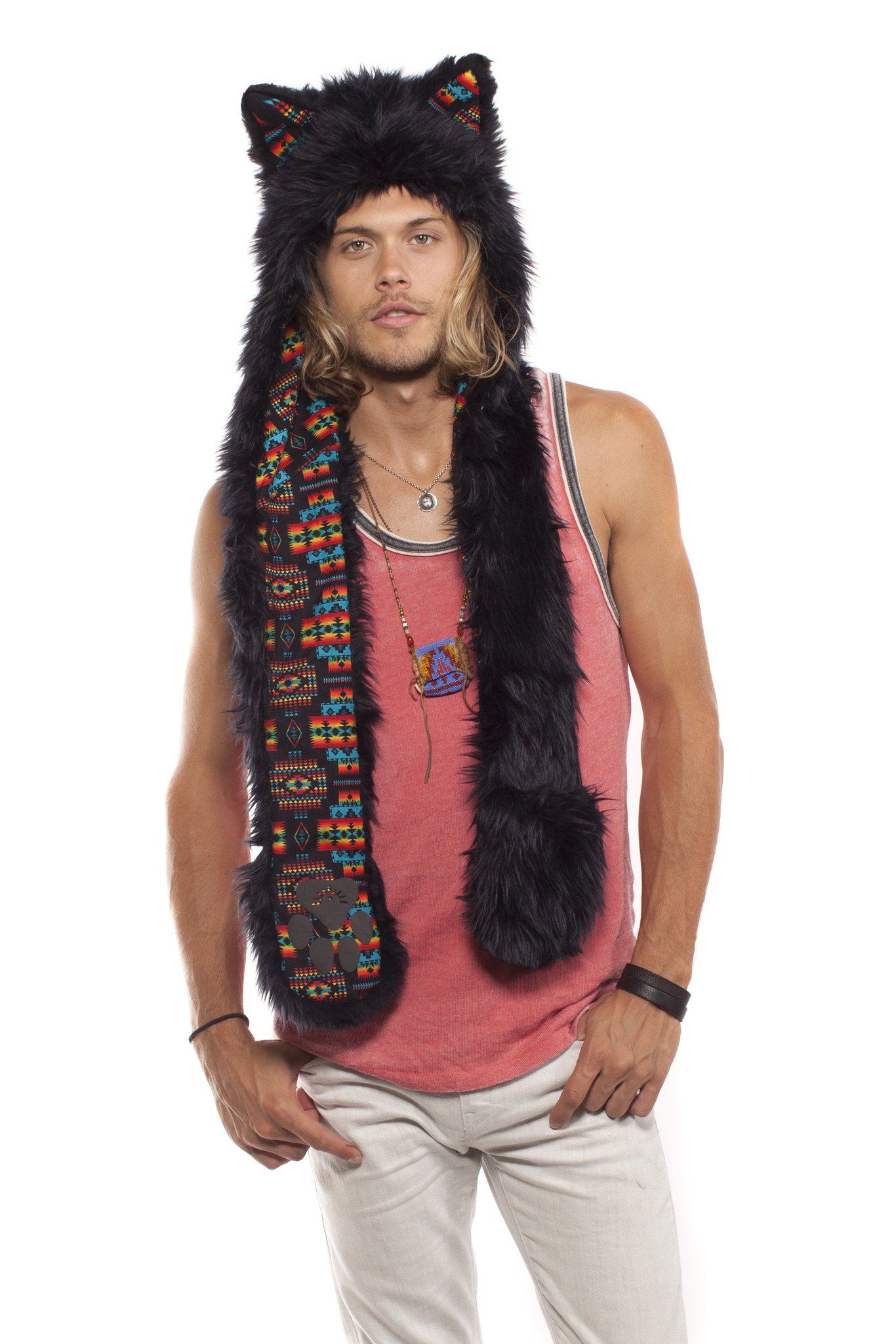Man wearing faux fur Black Wolf Warrior Collectors Edition SpiritHood, front view 1
