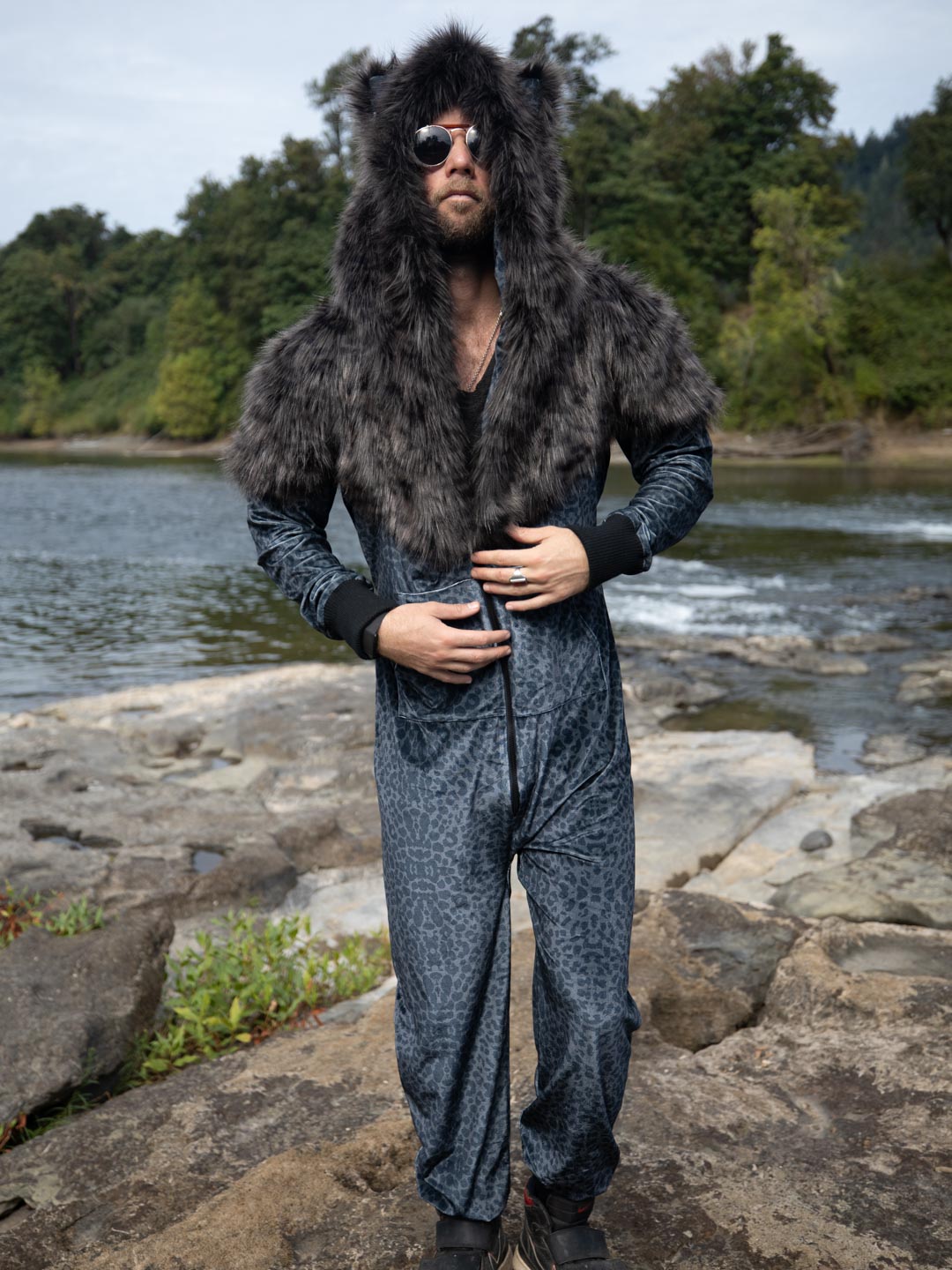Man Standing Near Water Wearing Black Panther Velvet Classic Faux Fur Animal Onesie