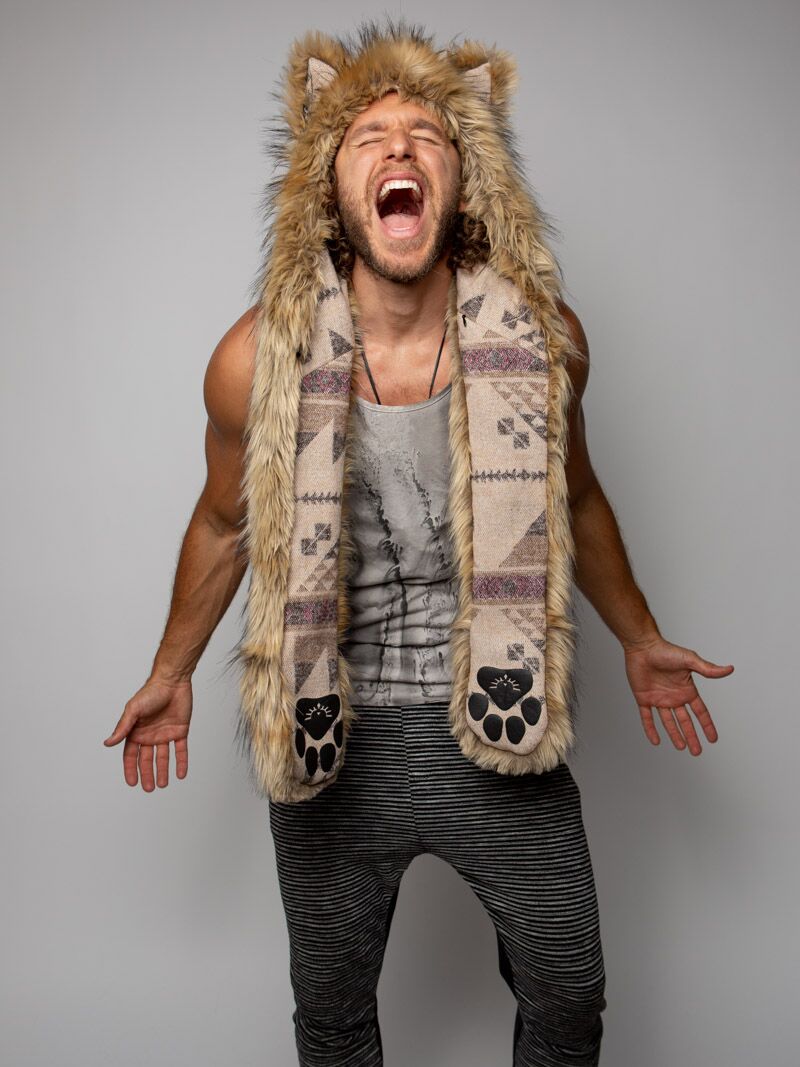 Man wearing faux fur Limited Edition Golden Jackal SpiritHood, front view