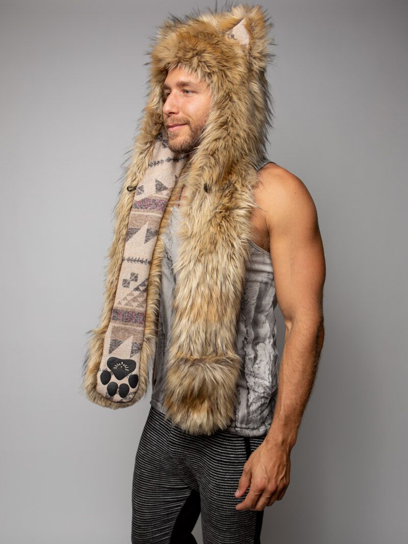 Man wearing faux fur Limited Edition Golden Jackal SpiritHood, side view 1