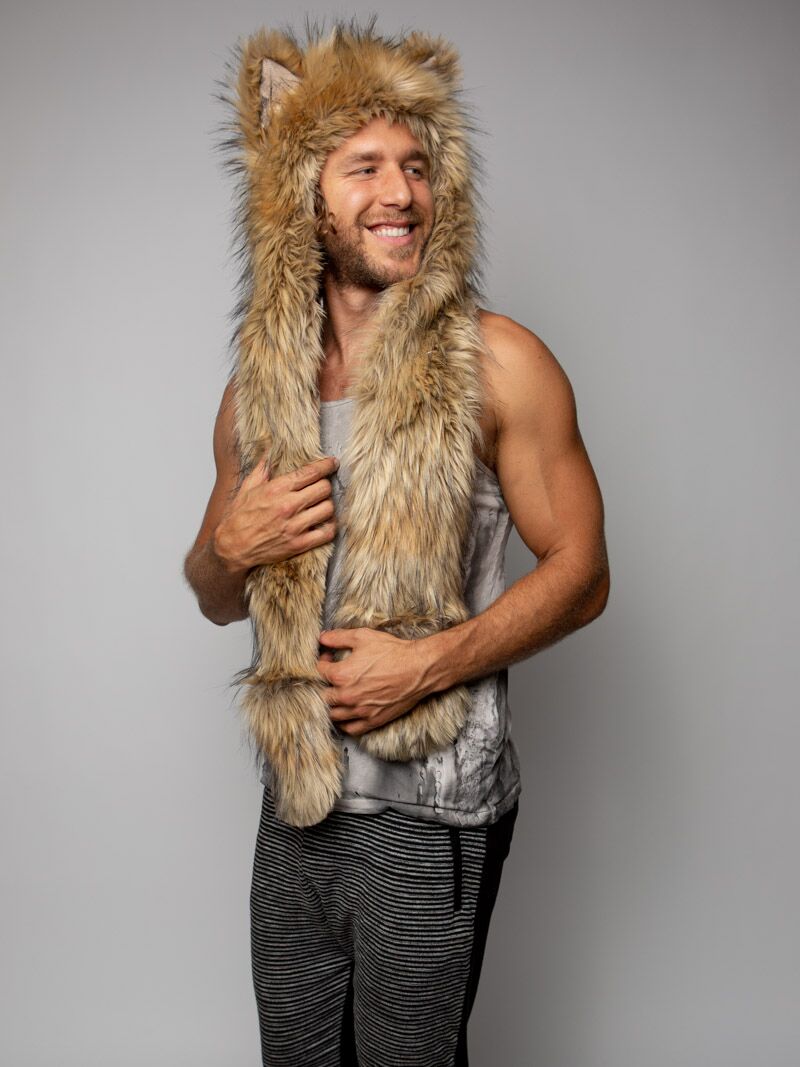 Man wearing faux fur Limited Edition Golden Jackal SpiritHood, side view