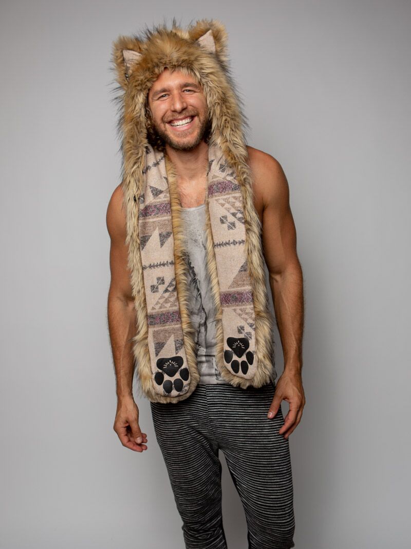 Man wearing faux fur Limited Edition Golden Jackal SpiritHood, front view 2