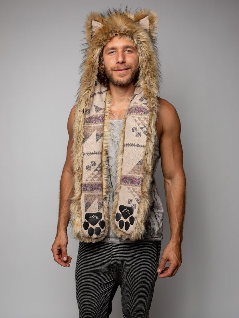 Man wearing faux fur Limited Edition Golden Jackal SpiritHood, front view 1